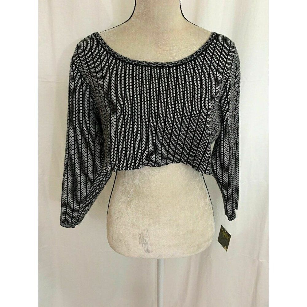 Taylor New Womens Black White Long Sleeve Crop Sweater Top XL $98